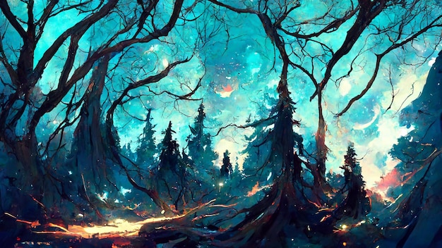 Foresta nell'illustrazione 3D del cielo notturno