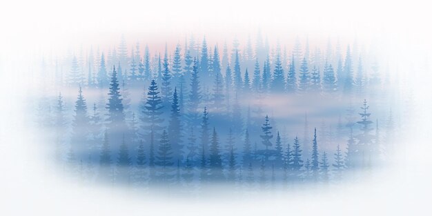 Foresta nella nebbia in una vignetta bianca Taiga nella luce del mattino