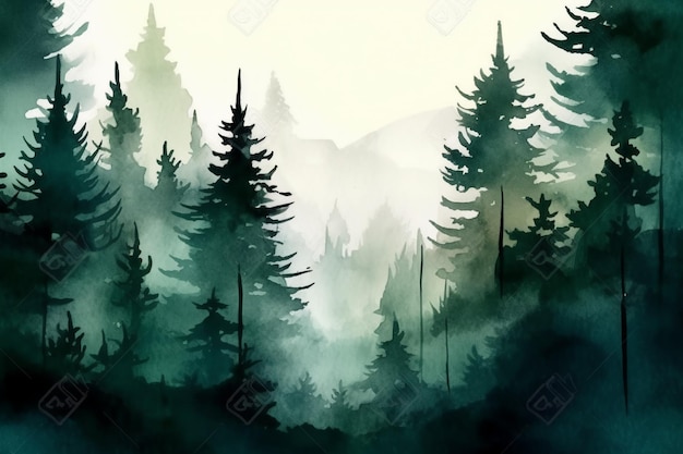 Foresta nella pittura ad acquerello nebbia