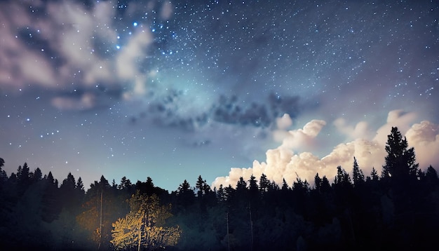 Foresta notturna con cielo nuvoloso con stelle