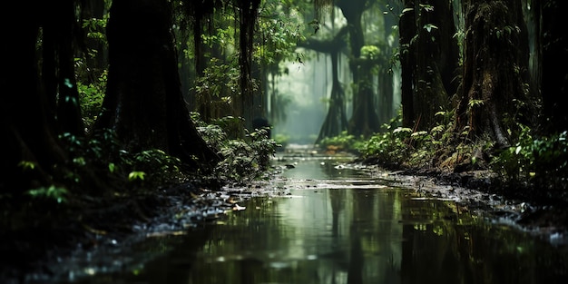 Foresta paludosa con una leggera nebbia Quagmire nella foresta verde primaverile AI generativa