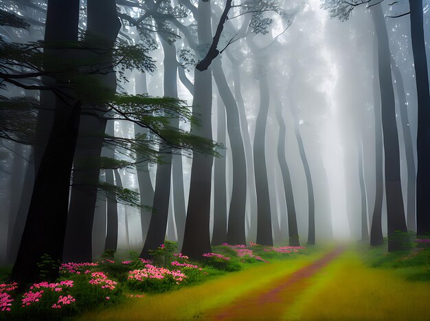 Foresta piatta vintage con fiori di nebbia