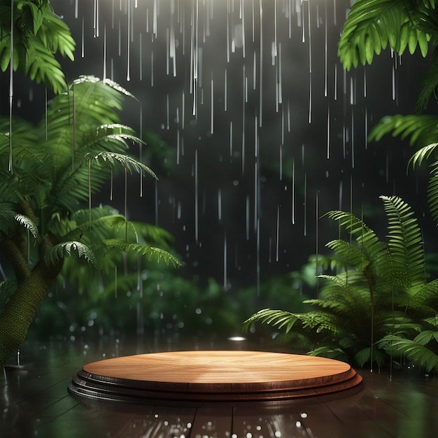 Foresta pluviale autunnale con podio a disco in legno