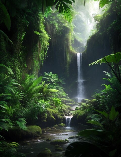 Foresta pluviale cascata vegetazione lussureggiante umore tranquillo atmosfera tropicale fotorealista risoluzione 2k