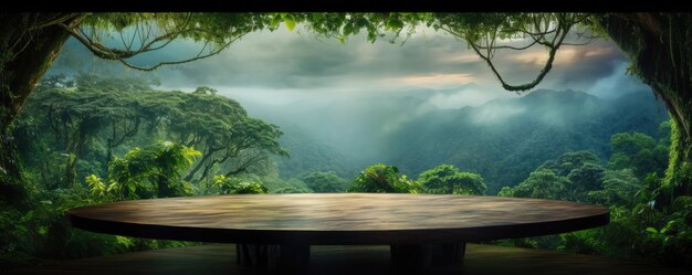 Foresta pluviale monsonica piena di natura verde con tavolo a scala in legno panorama Generative Ai
