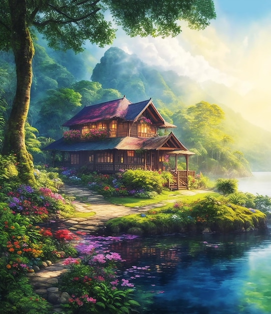 foresta pluviale monte lago cottage raggi del sole fiori del paradiso vernice soffice su carta immagine acquerello HD