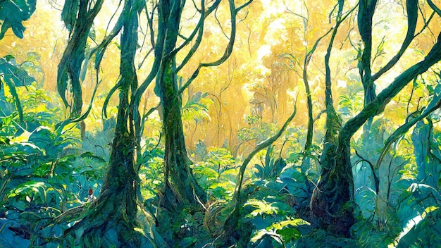 Foresta pluviale nella soleggiata mattina 3D illustrazione