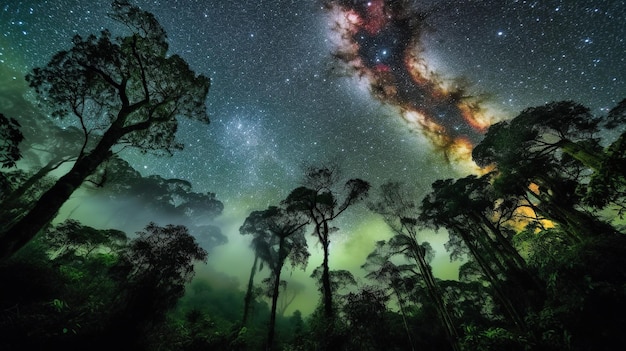 Foresta pluviale sotto un cielo notturno nebuloso che illustra lo straordinario contrasto della bellezza della Terra