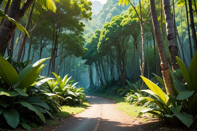 Foresta pluviale tropicale arbusti Jungle Path carta da parati Illustrazione di sfondo Foresta primitiva