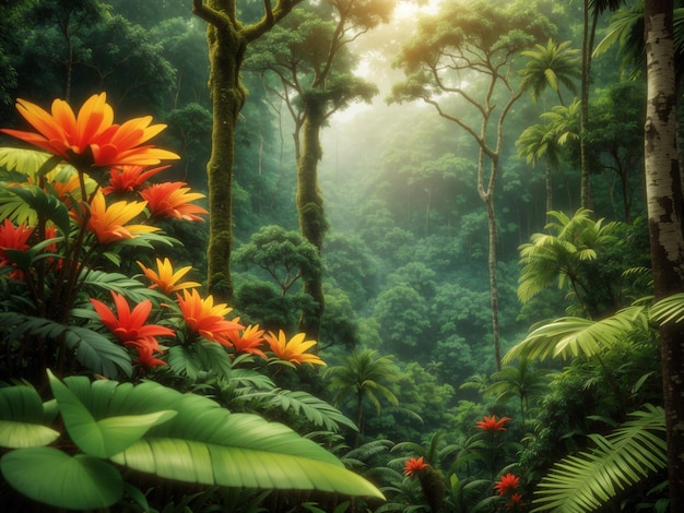Foresta pluviale tropicale con fiumi e palme al tramonto AI generativa