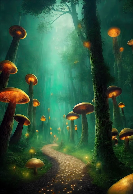 Foresta profonda di fantasia Funghi enormi luminosi geometria contorta lucciole luminose