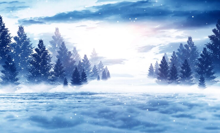 Foresta scura invernale, paesaggio innevato con abeti.
