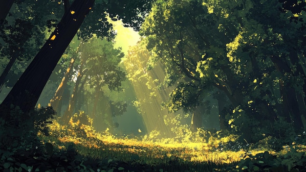 Foresta serena illuminata dal sole con lussureggiante verde e dolci raggi di luce