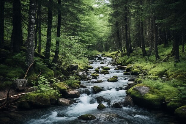 Foresta serena sullo sfondo con un ruscello tranquillo