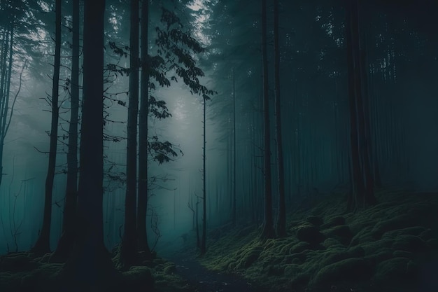 foresta sognante e nebbiosa, con un'atmosfera tranquilla e uno scenario idilliaco