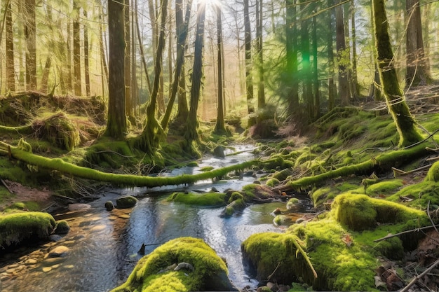 Foresta soleggiata con alberi coperti di muschio e ruscello sullo sfondo