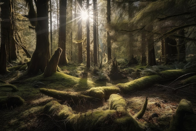 Foresta soleggiata con muschio e luce che filtra attraverso gli alberi creati con l'IA generativa