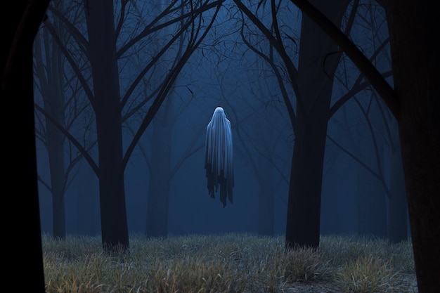 foresta spettrale con un fantasma levitante