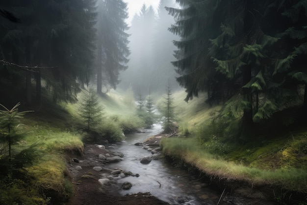 Foresta tranquilla con abeti rossi e ruscello avvolto da un'atmosfera nebbiosa