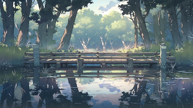 Foresta tranquilla con un lago calmo che riflette gli alberi