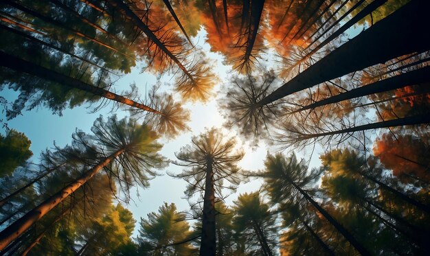 Foresta tropicale con il sole che splende tra i rami dei pini