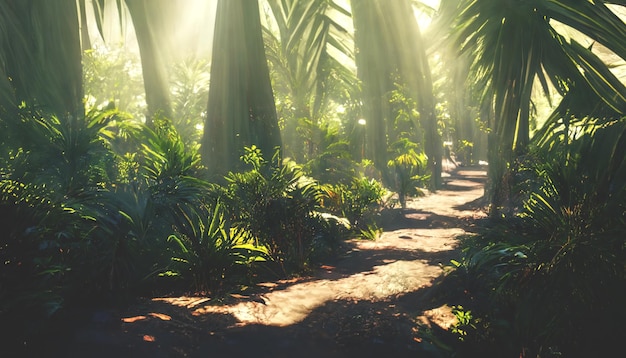 Foresta tropicale esotica di palme al tramonto raggi del sole attraverso le ombre delle foglie Foresta tropicale foresta esotica sfondo oasi verde illustrazione 3D