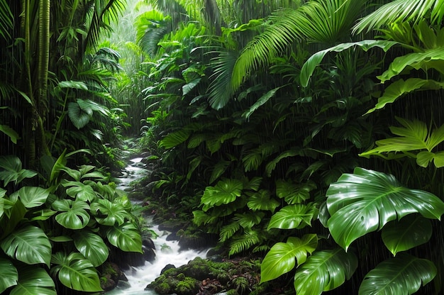 Foresta tropicale scura con piante esotiche, palme, foglie grandi e felci