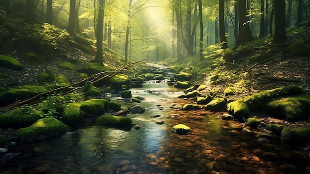 Foresta verde alla luce del sole con ruscello forestale IA generativa