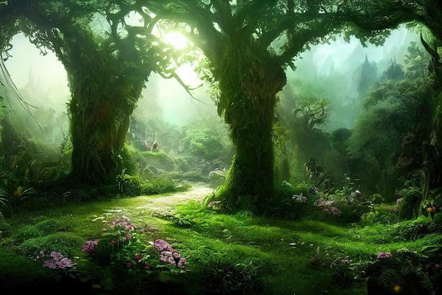 Foresta verde con alberi e fiori La luce del sole cade sulle foglie di alberi e cespugli Illustrazione 3D