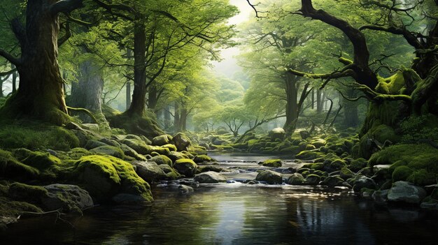 foresta verde con il concetto del fondo della scena della natura dell'albero e del flusso