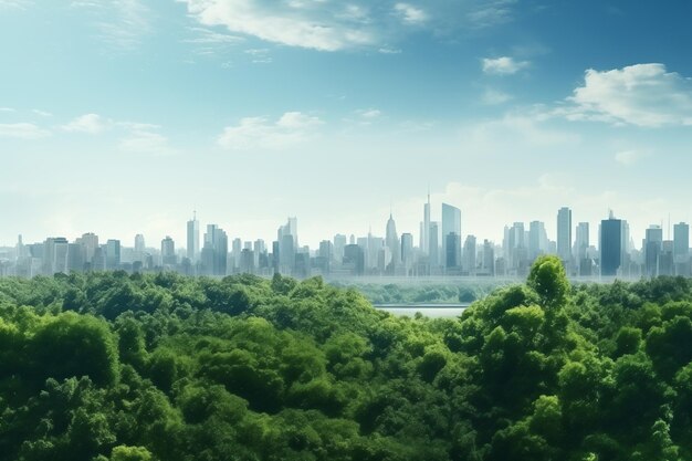 foresta verde con la città sullo sfondo