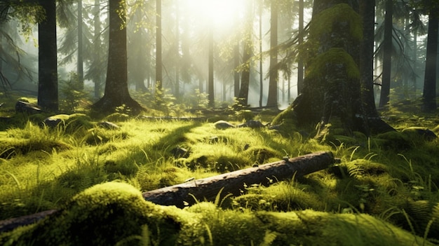 Foresta verde con la luce del sole attraverso le lacune nelle foglie