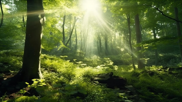 Foresta verde illuminata dal sole con raggi di luce solare che penetrano attraverso