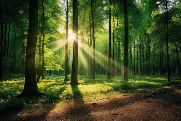 Foresta verde lussureggiante con la luce del sole che scorre tra gli alberi