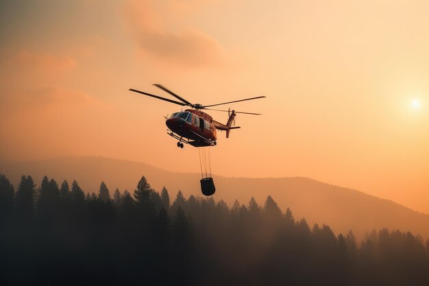 Foreste al tramonto ed elicotteri che trasportano acqua Generativo ai