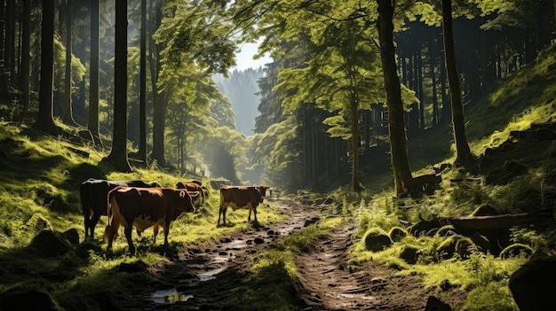 Foreste verdi tranquille, mucche che pascolano in montagna.