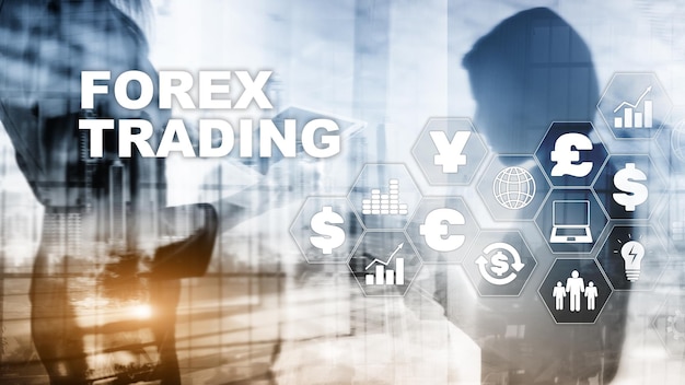 Forex trading cambio valuta affari finanza diagrammi dollaro euro icone su sfondo sfocato