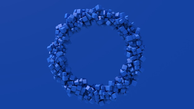 Forma astratta del cerchio con i cubi blu. Sfondo blu. Illustrazione monocromatica, rendering 3d.