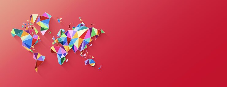 Forma della mappa del mondo fatta di poligoni colorati Illustrazione 3D su sfondo rosa Banner orizzontale
