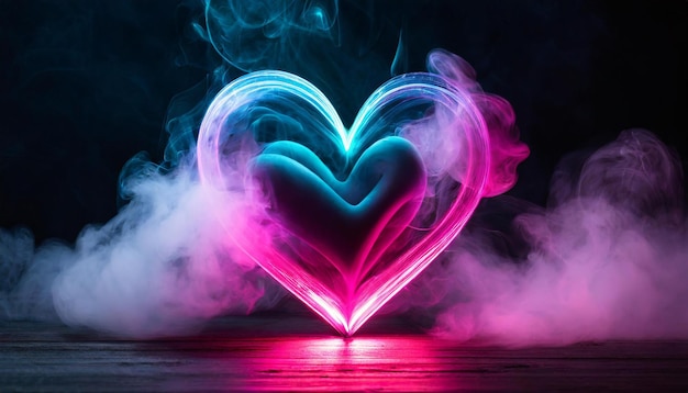 Forma di cuore astratta con fumo e neon luminoso nebbia futuristica oscura amore Valentino romantico