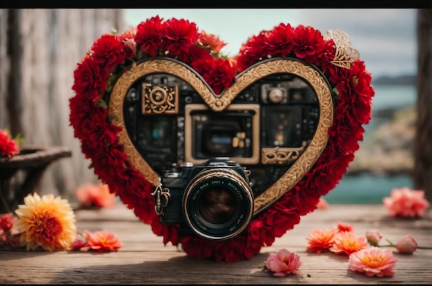 forma di cuore rosso e rosa rossa su sfondo di legno stile vintage amore e concetto di San Valentino.