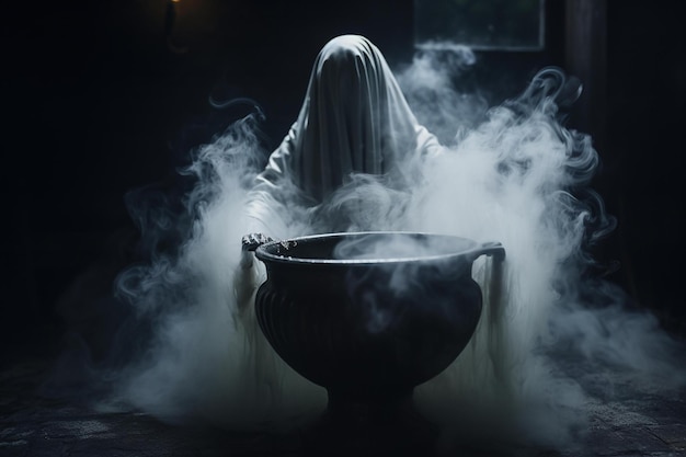 Forma di fantasma fumoso che emerge da un calderone in una stanza buia