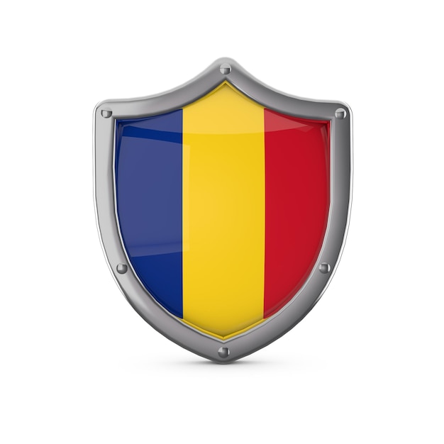 Forma di scudo di metallo di concetto di sicurezza Romania con bandiera nazionale