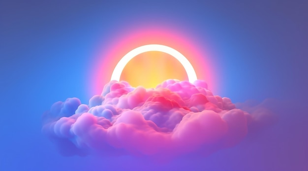 Forma generativa di cerchio AI che brilla con la luce al neon all'interno della nuvola colorata morbida