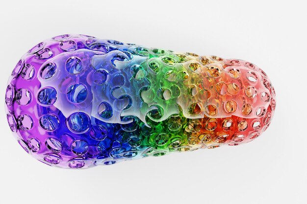 Forma multicolore dinamica astratta con fori su sfondo bianco Illustrazione 3D e rendering