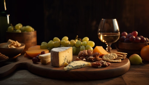 Formaggi e vini gourmet accompagnano antipasti rustici generati da AI