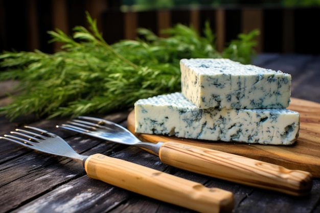 Formaggio blu su una tavola di cedro con strumenti per la griglia sullo sfondo