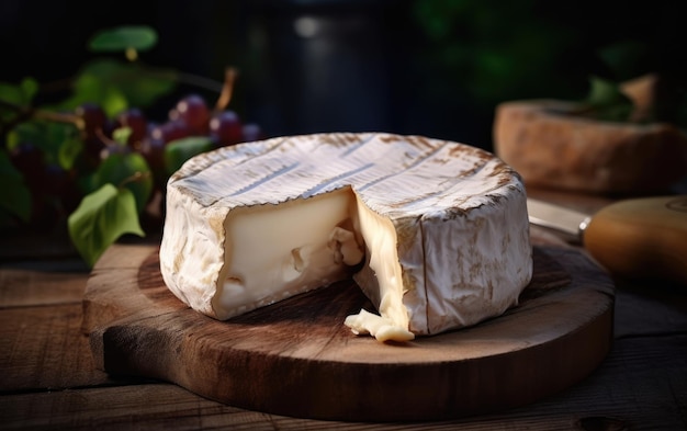 formaggio brie camembert su un tagliere di legno con elementi decorativi formaggio artigianale ai generato