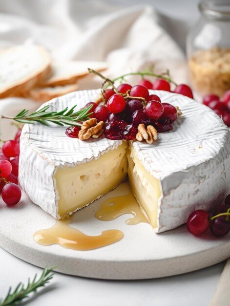 Formaggio Brie su piatto fette di camembert con uva erba e miele foto di cibo in primo piano