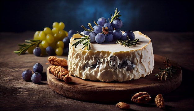 Formaggio Camembert con uva e noci su sfondo nerogenerativo ai